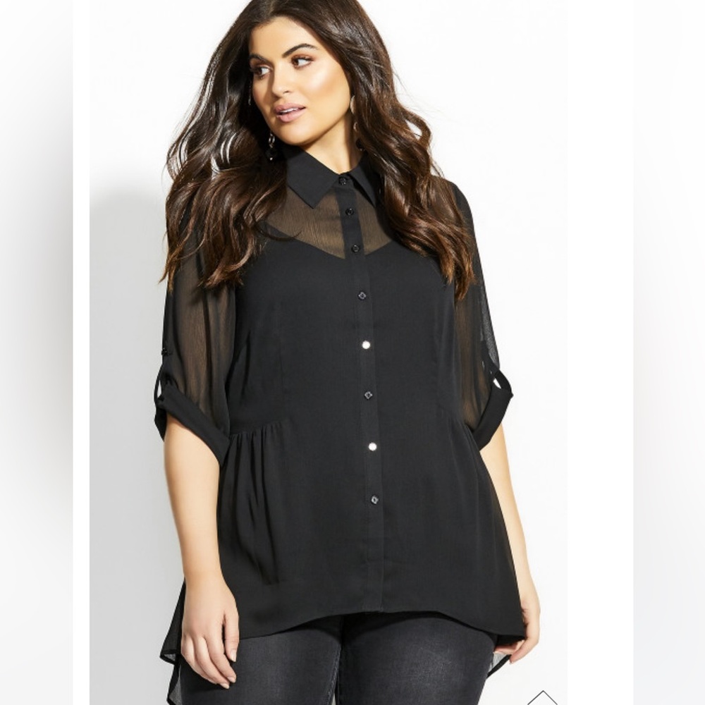 City Chic Black Sheer Hi Lo Blouse